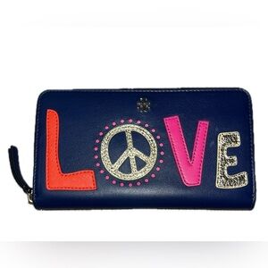 Tory Burch Peace Zip Continental Leather Wallet Navy Sea Retro Love Design